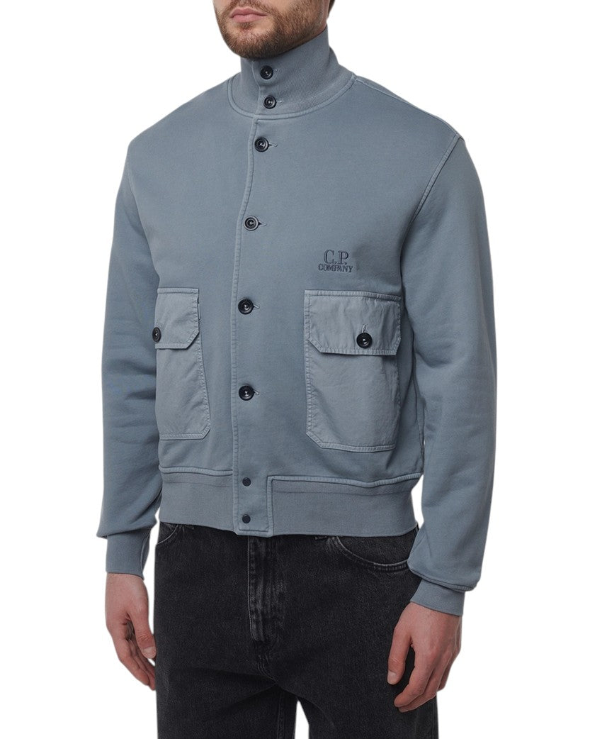 C.P. Company Cotton Diagonal Fleece Full Button Sweatshirt Blue