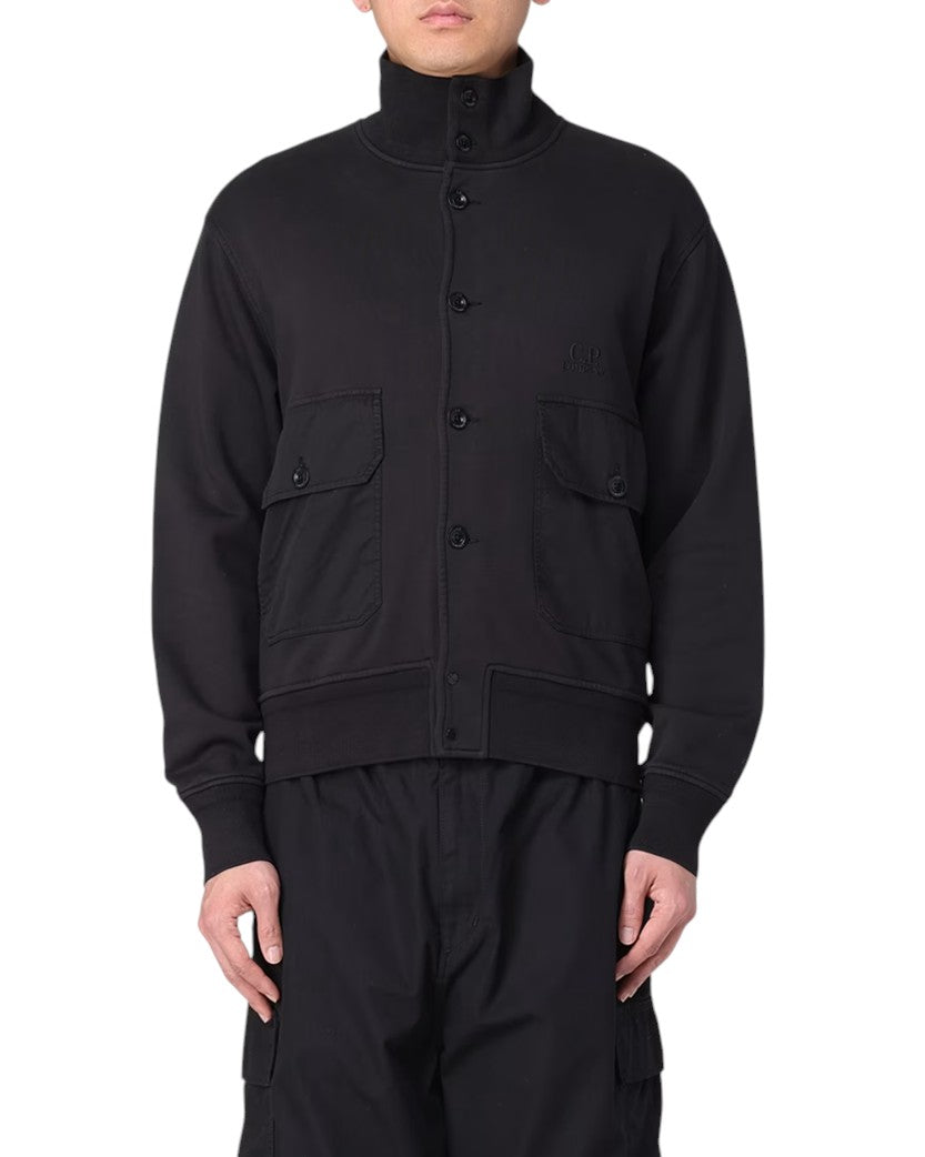 C.P. Company Cotton Diagonal Fleece Full Button Sweatshirt Black
