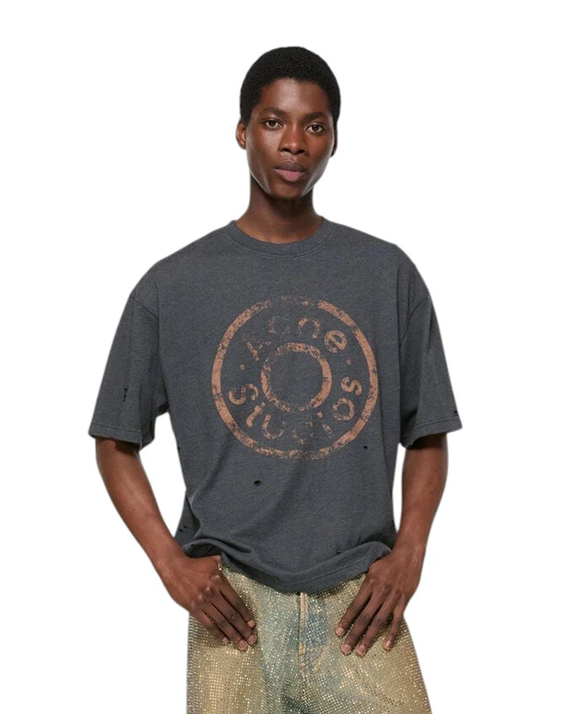 Acne Studios Distressed Logo Print T-Shirt Black Melange