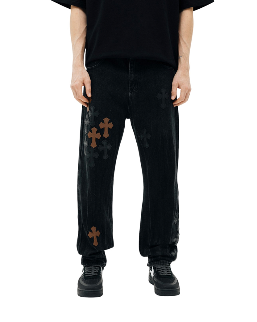 Chrome Hearts Jeans with Brown and Tonal Cross Black CH129-BK