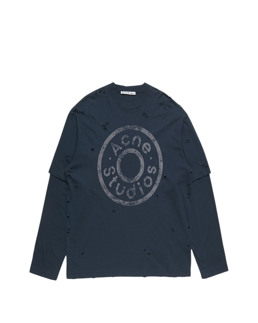 Acne Studios Distressed Logo Print Layered Long Sleeve Dark Navy