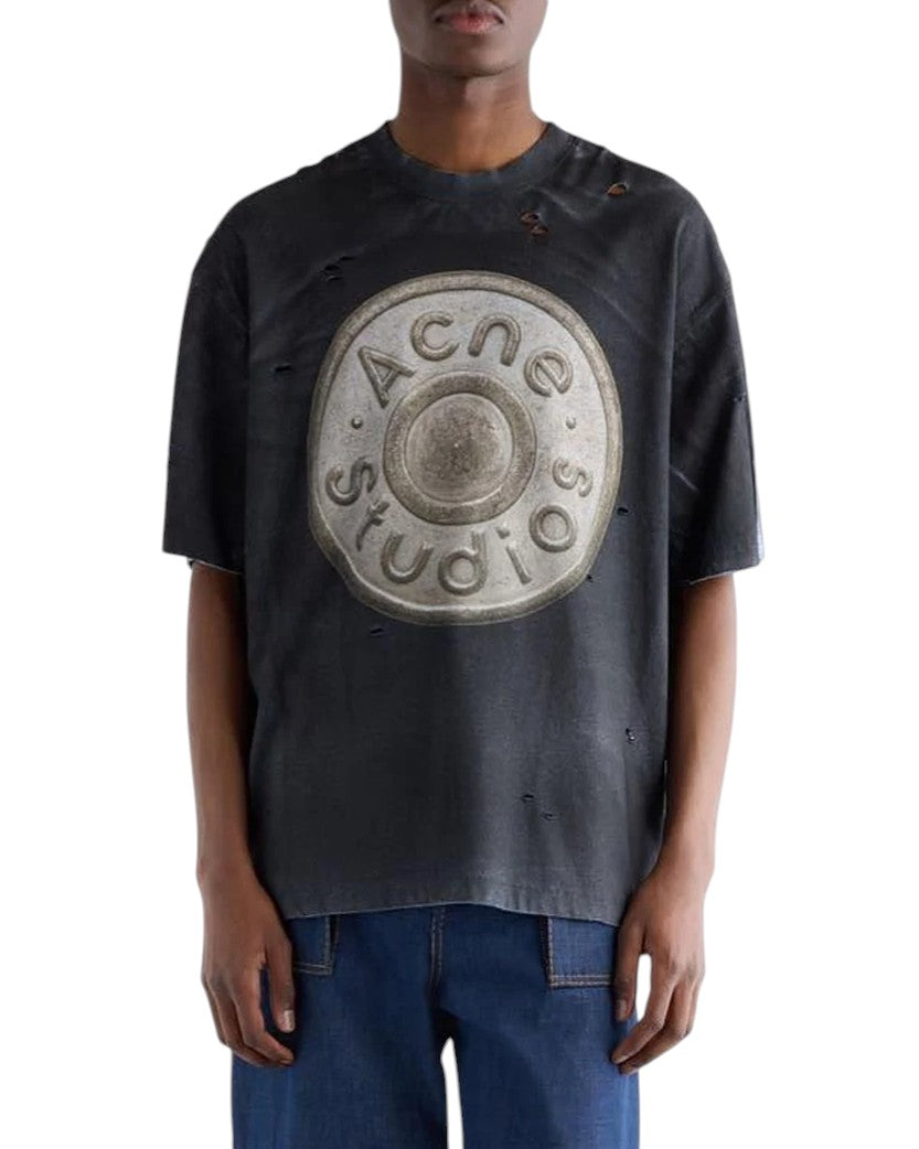 Acne Studios Button Logo Distressed T-Shirt Black