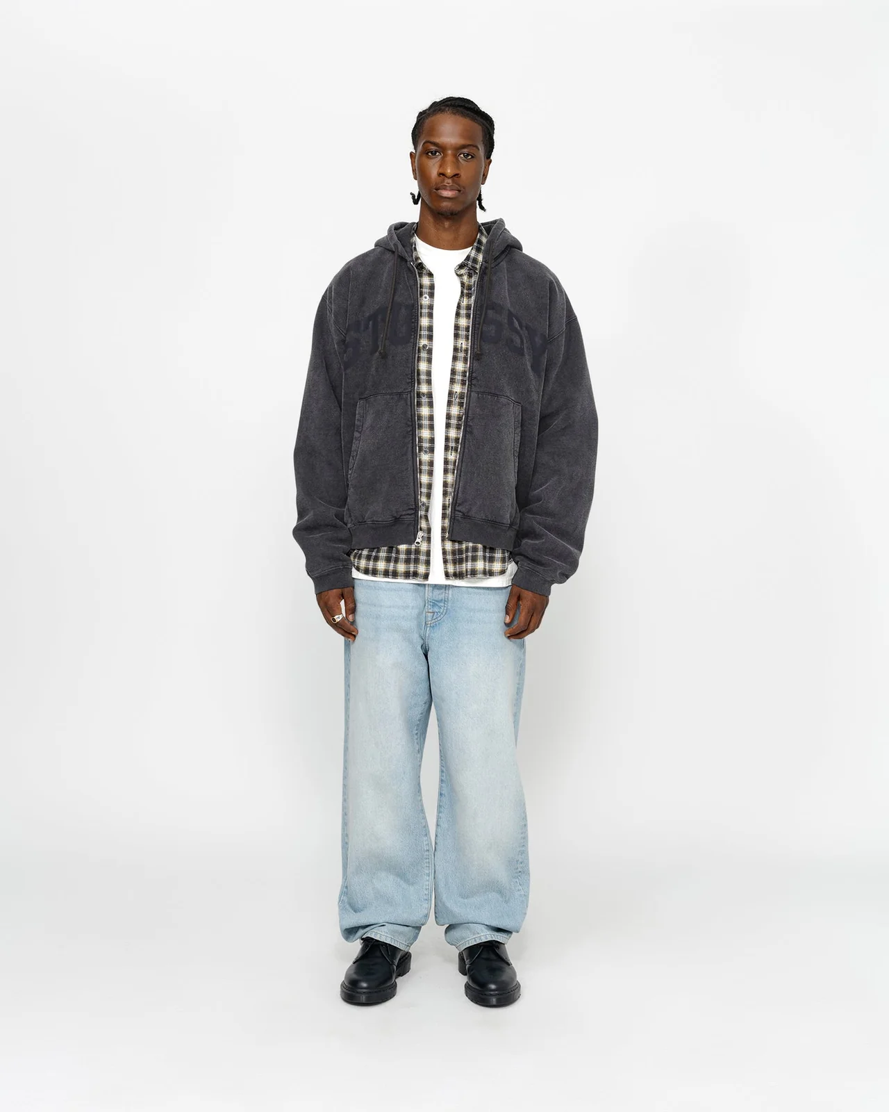STUSSY Zip Hoodie Faded Graphic Washed Black