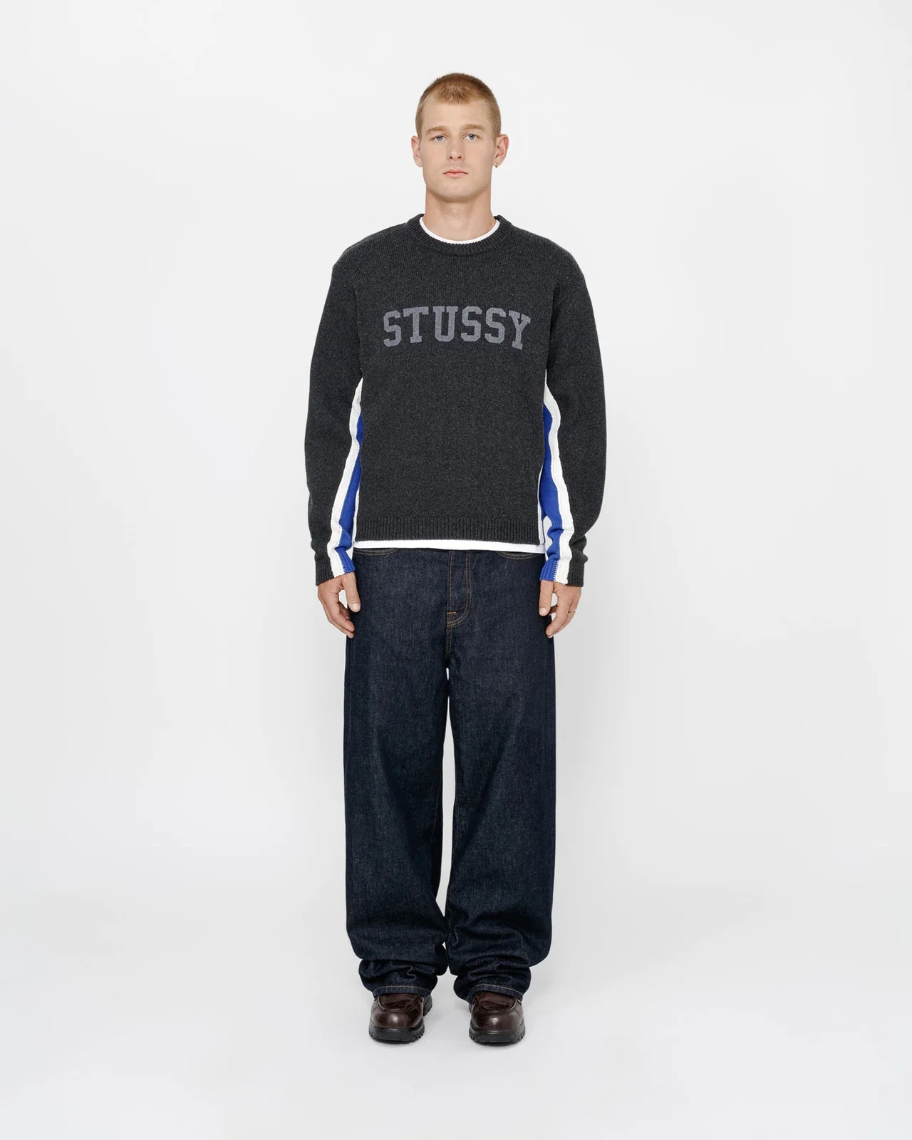 STUSSY Contrast Stripe Crew Charcoal