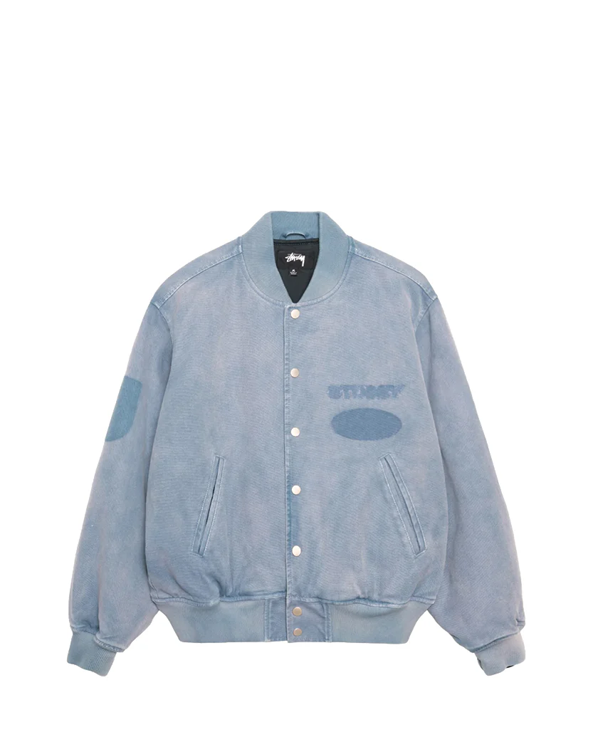 STUSSY Ghost Logo Canvas Varsity Jacket Blue