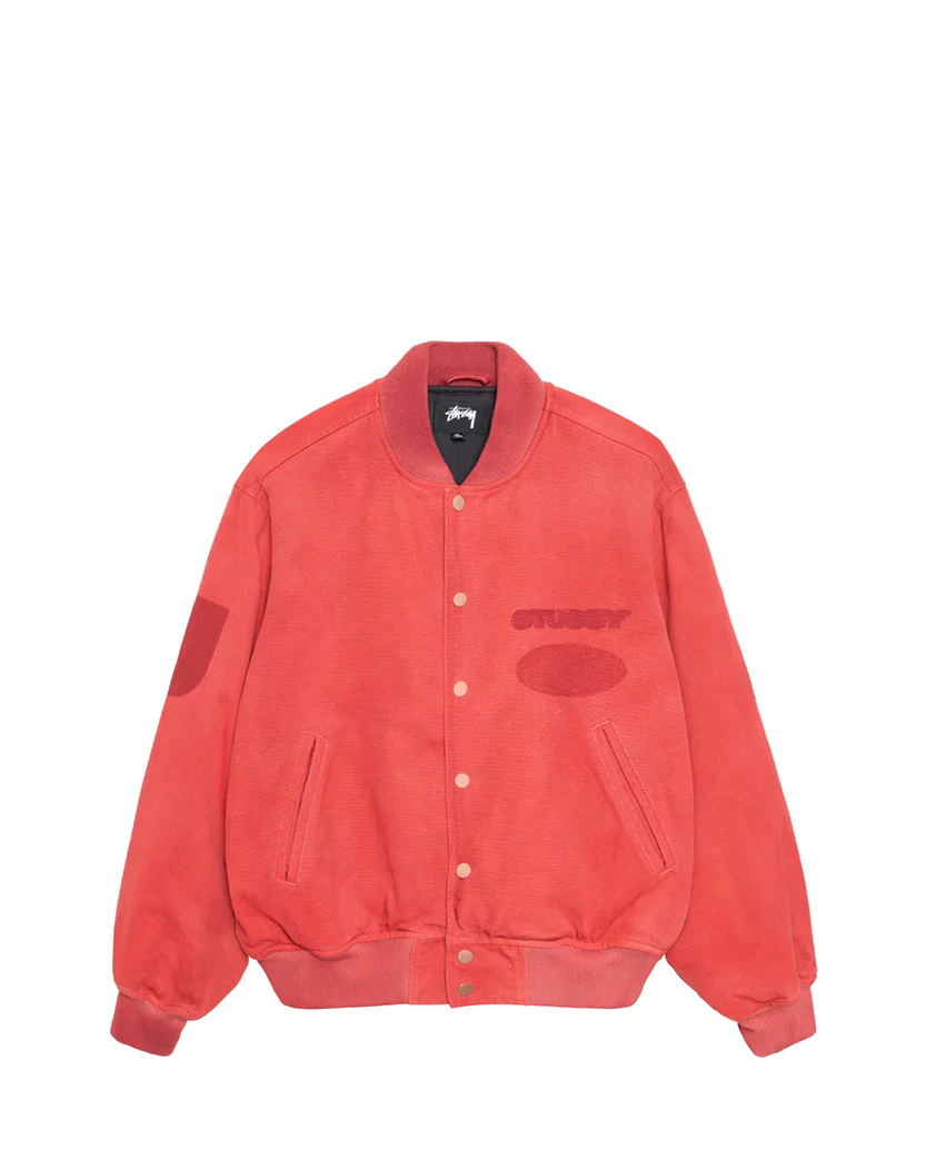 STUSSY Ghost Logo Canvas Varsity Jacket Red