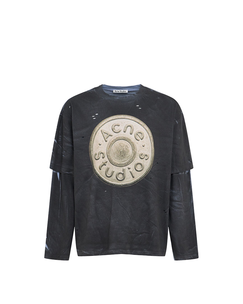 Acne Studios Button Logo Distressed Layered Long Sleeve Black