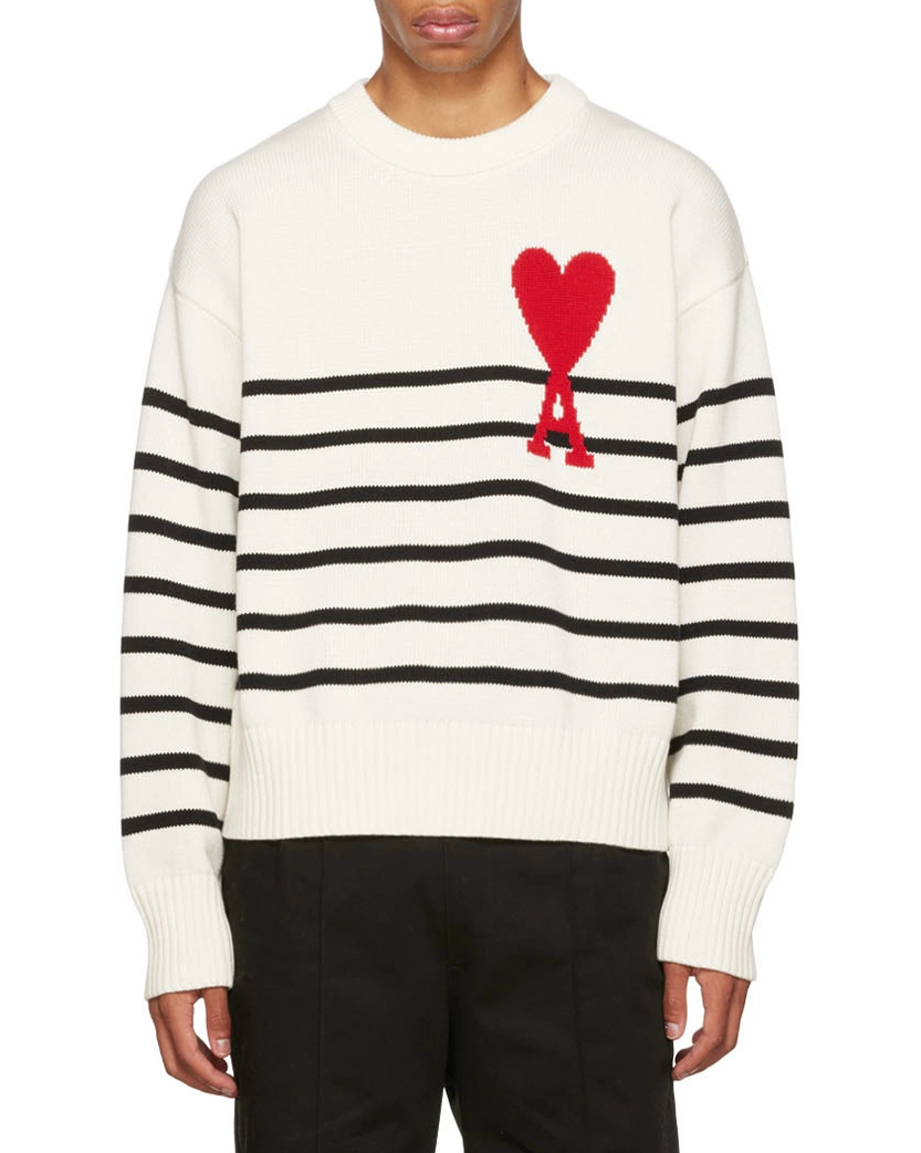 AMI Paris Ami De Coeur Striped Cotton And Wool Sweater White