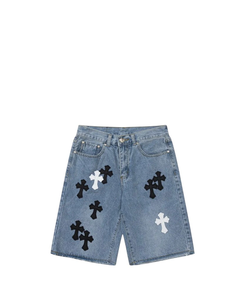 Chrome Hearts Denim Shorts with Black and White Cross Blue CH146-BL