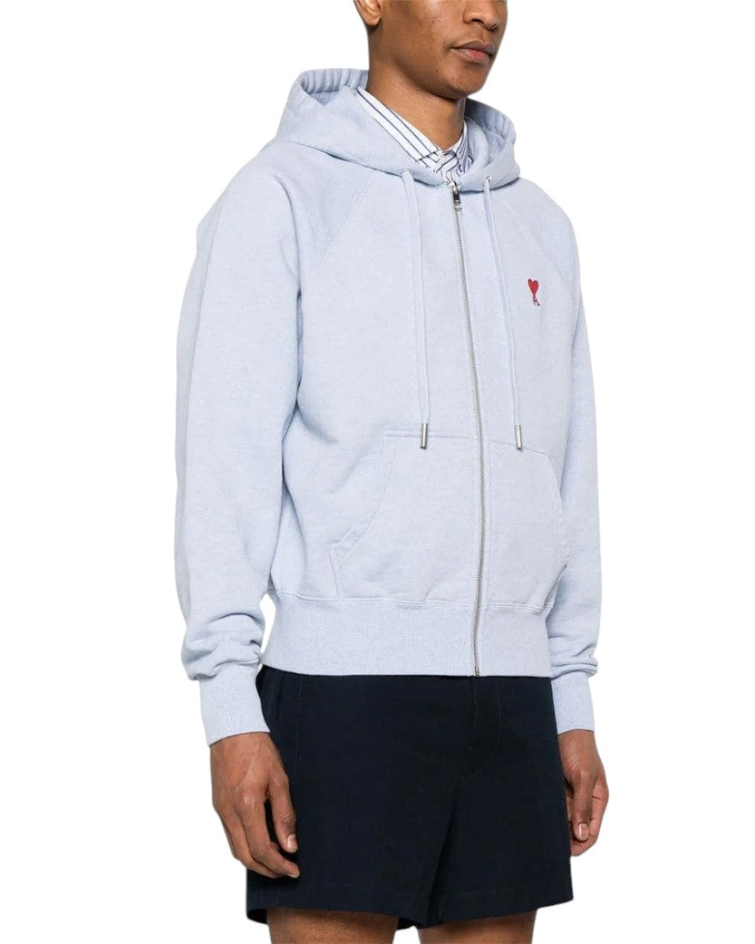 AMI Paris Ami De Coeur Small Logo Zipped Hoodie Heather Blue