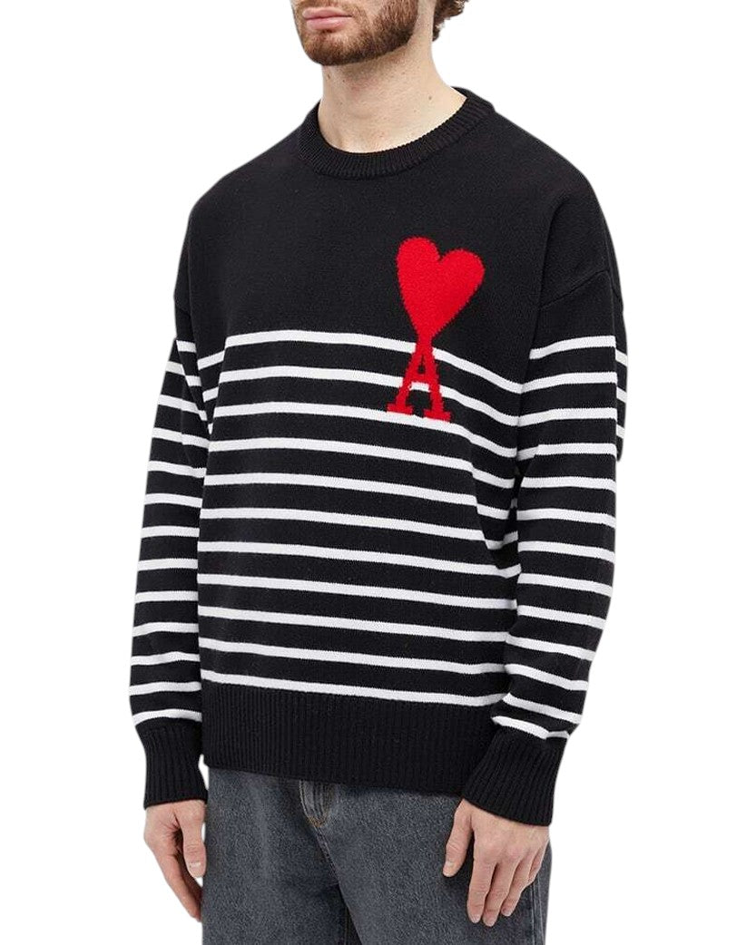 AMI Paris Ami De Coeur Striped Cotton And Wool Sweater Black
