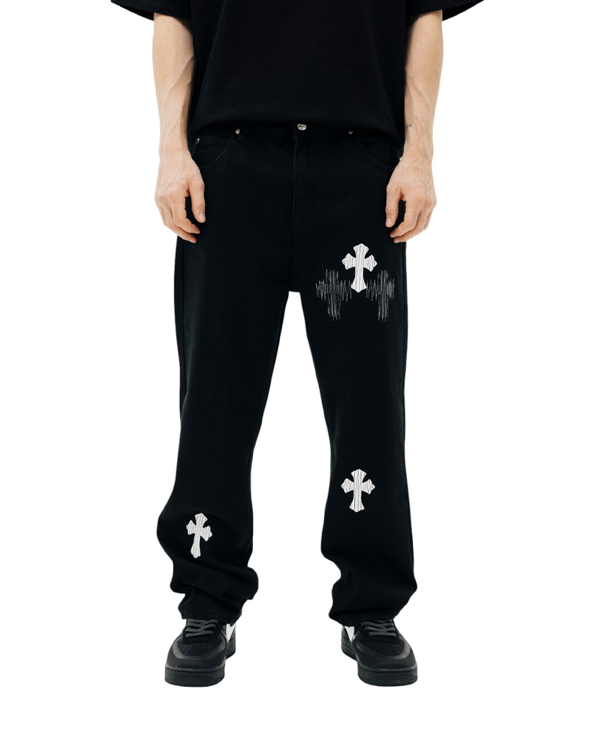 Chrome Hearts Jeans with White and Black Cross Black CH130-BK