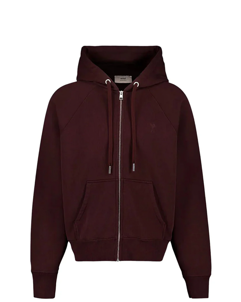 AMI Paris Ami De Coeur Small Heart Zipped Hoodie Burgundy