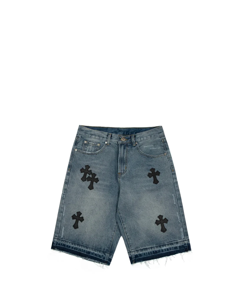 Chrome Hearts Denim Shorts with Black Cross Blue CH149-BL