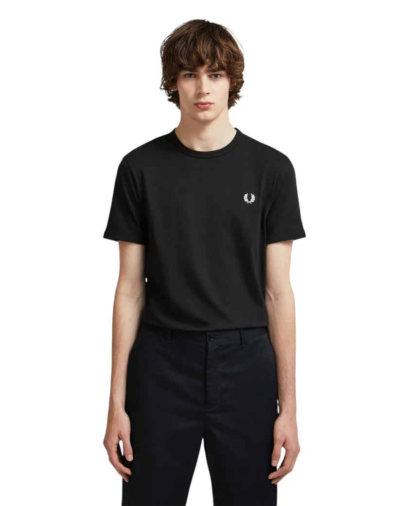 FRED PERRY Ringer T-Shirt Black with White Logo