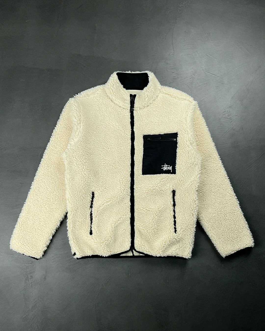 STUSSY VENUS jacquard sherpa jacket natural