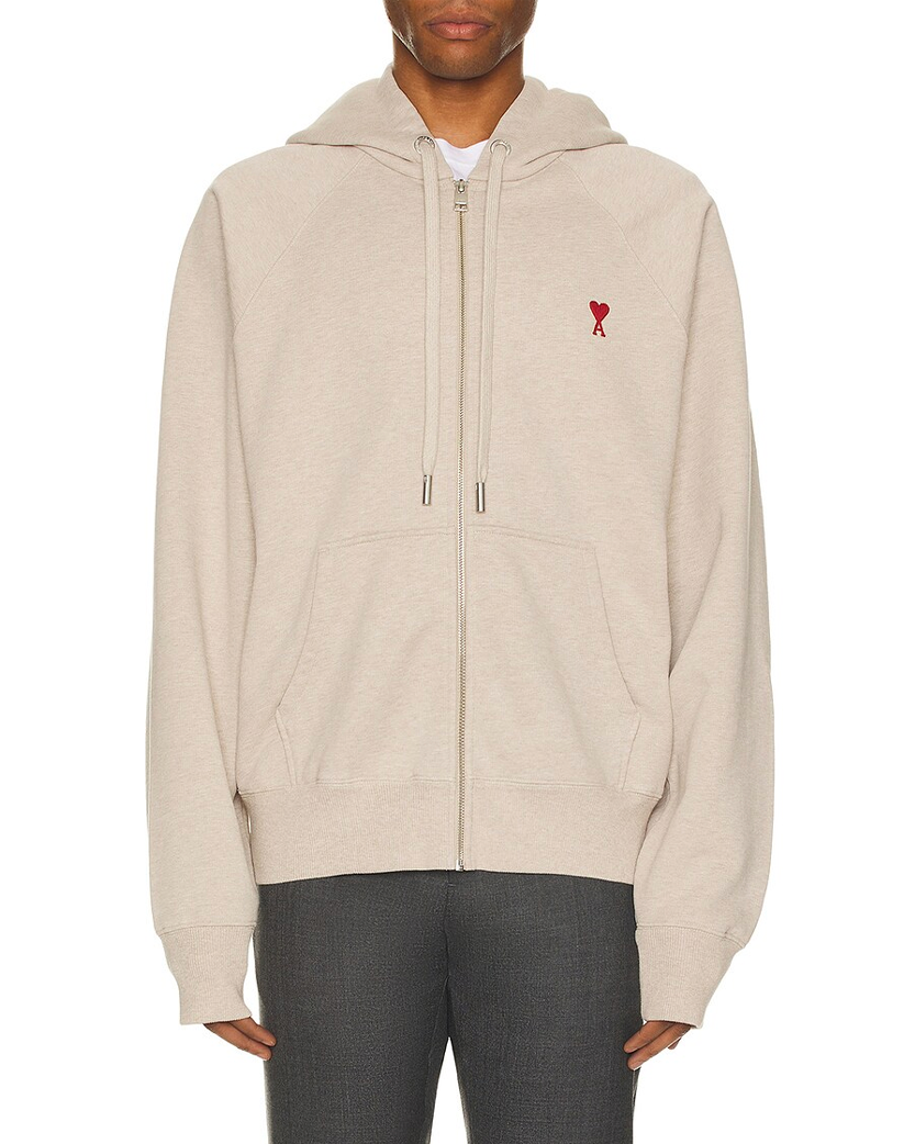 AMI Paris Ami De Coeur Small Logo Zipped Hoodie Heather Beige