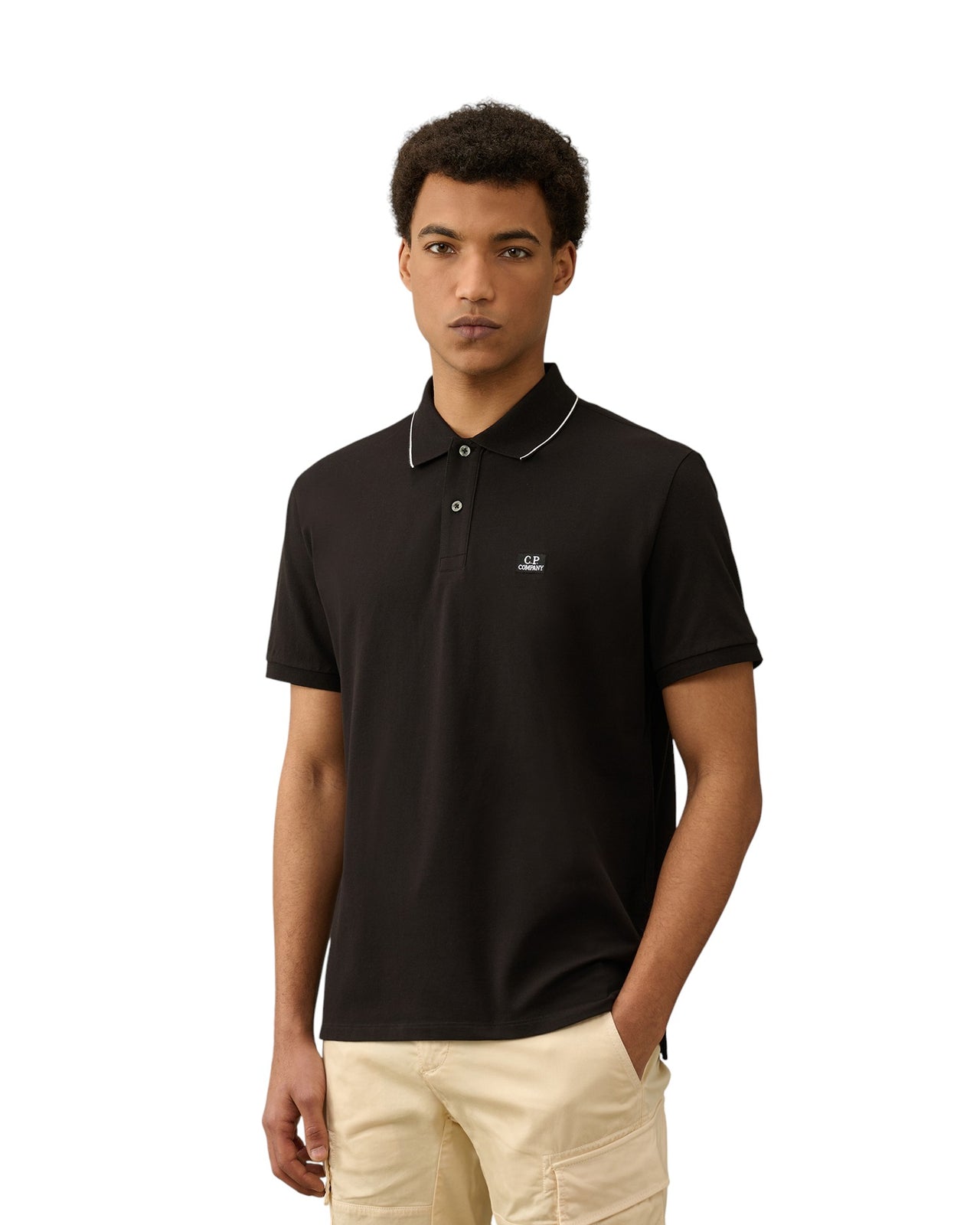 C.P. Company Stretch Piquet Regular Striped Collar Polo Shirt Black